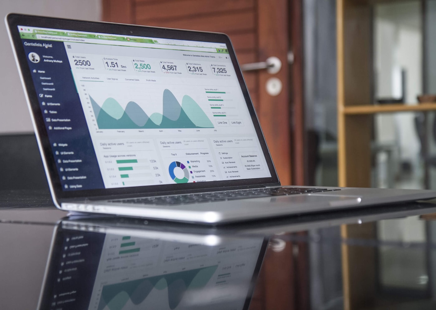 Laptop with analytics charts on a desk