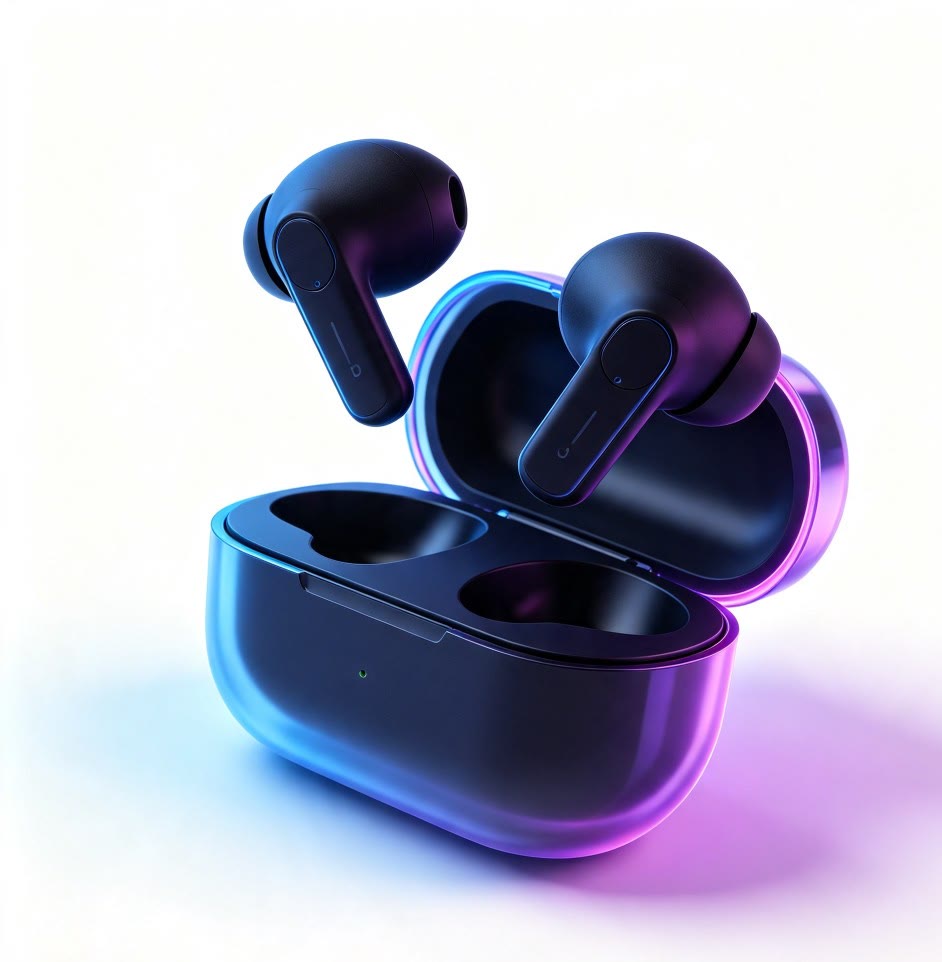 Wireless earbuds product still for AI ad animation Meta and TikTok covers