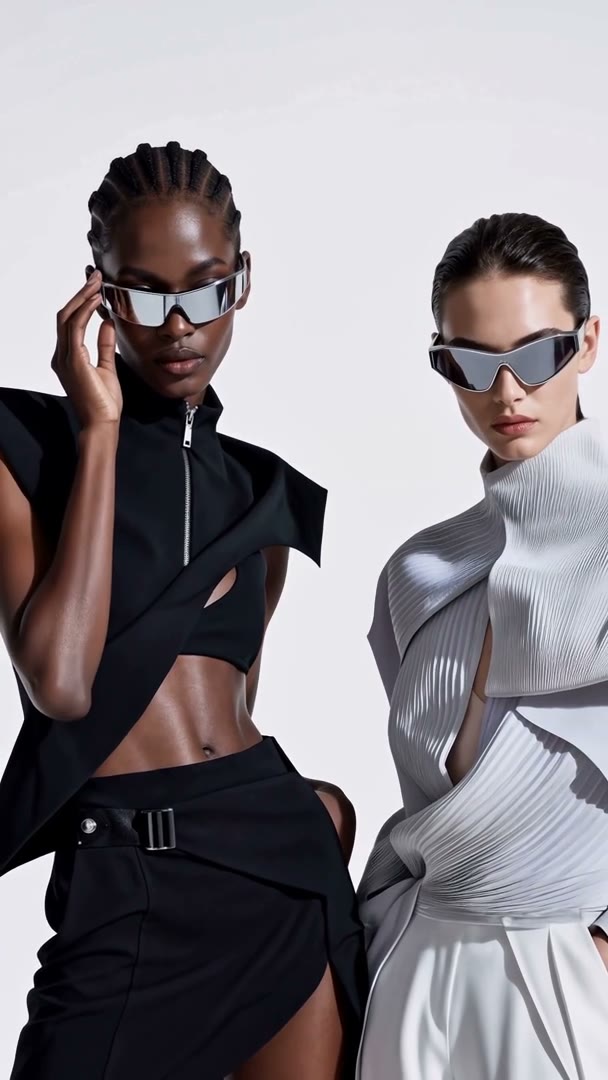 Chrome visor eyewear AI try-on runway clip for ecommerce fashion
