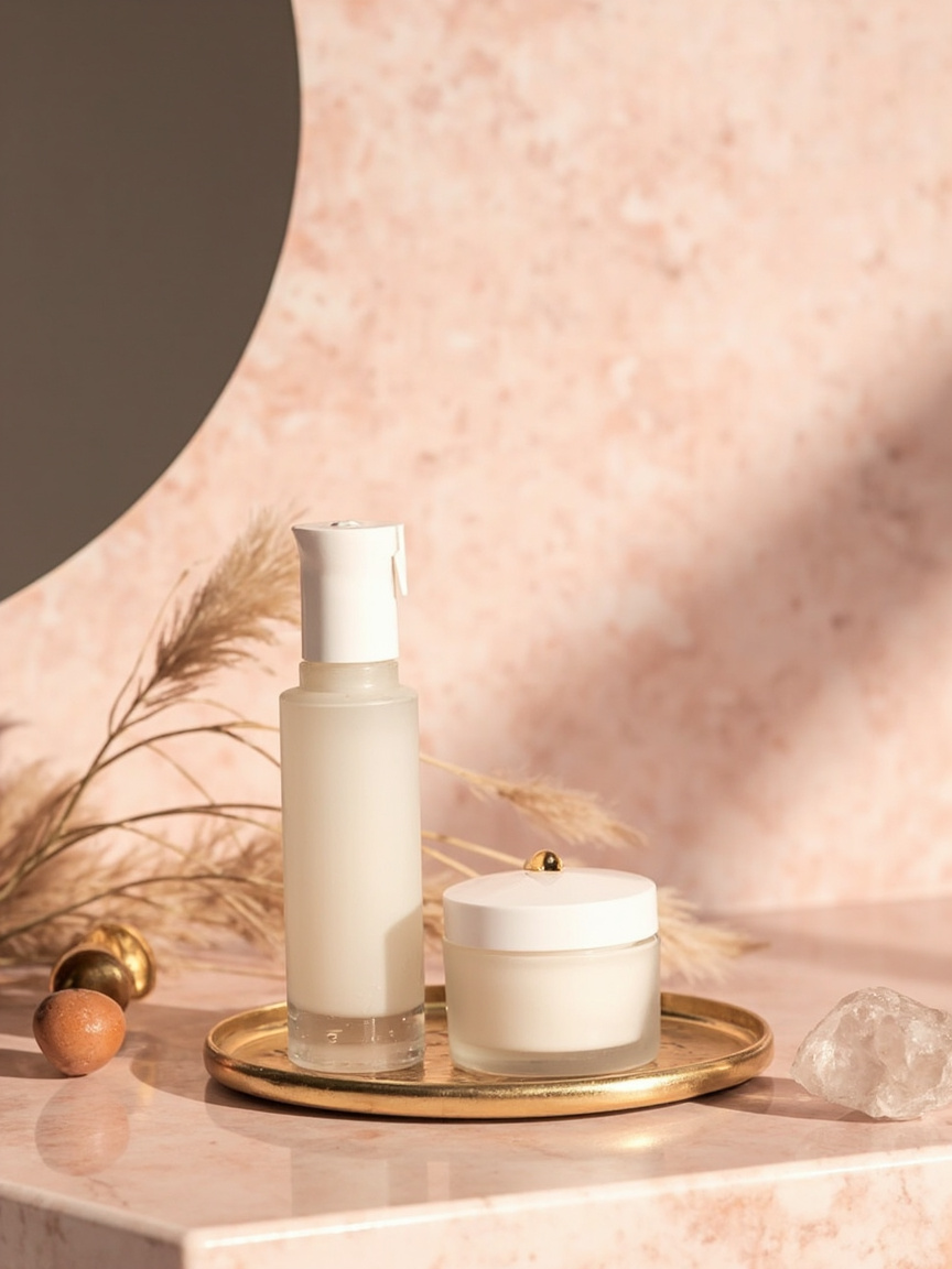 Beauty scene product ad image on blush marble vanity with dried florals