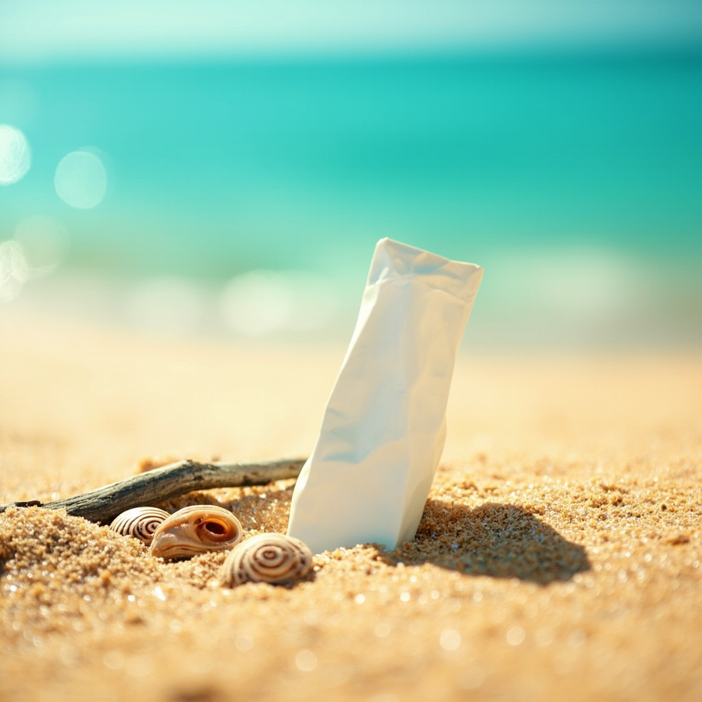 Summer beach season product ad image on golden sand with seashells