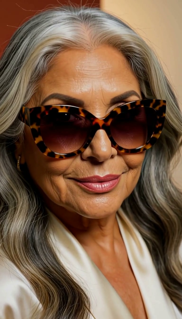 Mature Latina model in oversized tortoiseshell cat-eye sunglasses for eyewear ad
