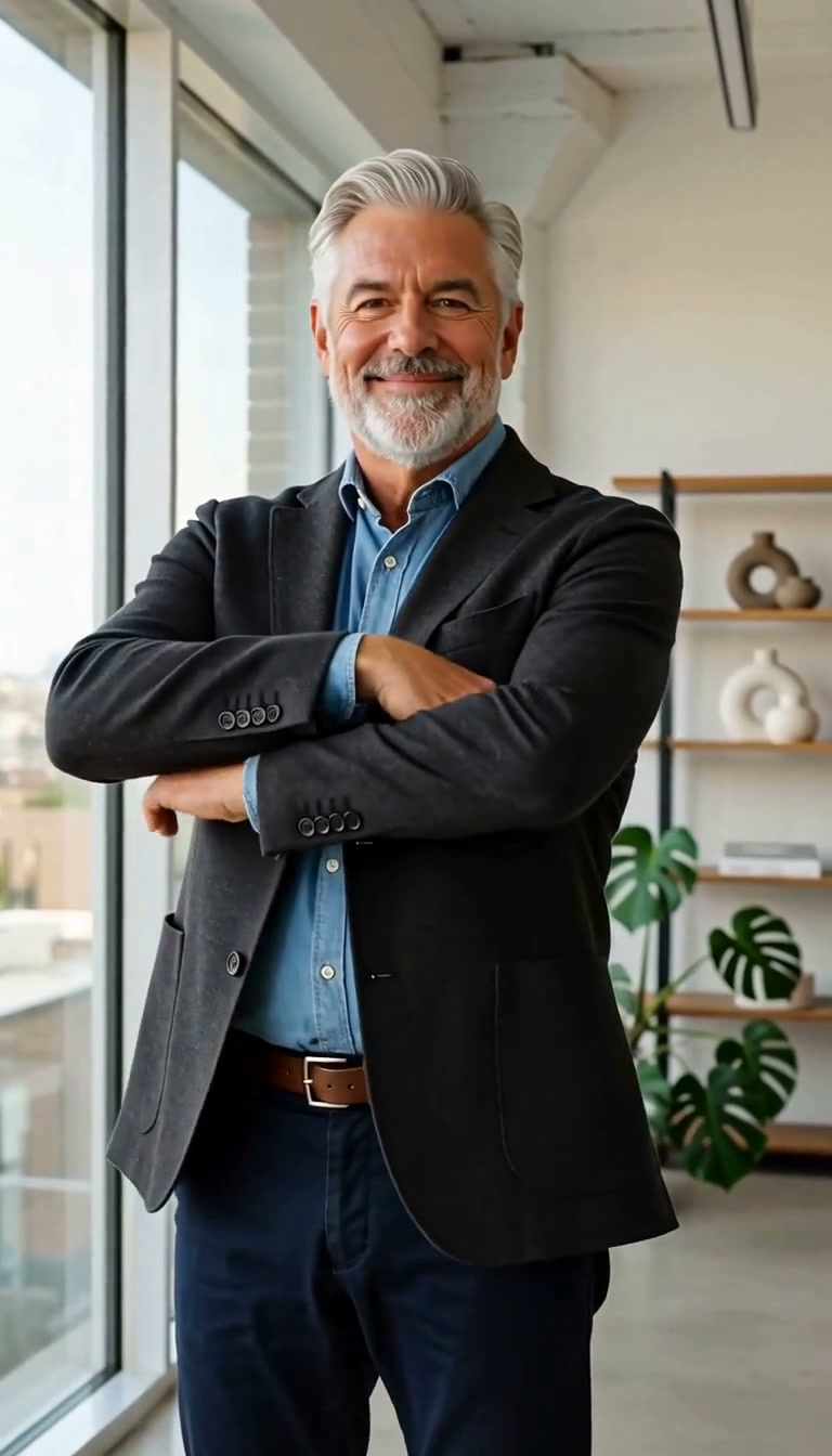 Silver-haired 58-year-old male founder in charcoal blazer for LinkedIn-style personal brand video